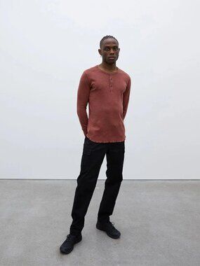 WINGS+HORNS 1x1 Slub Rib Knit Clay Red Cotton Jersey Henley T-Shirt, Size XL